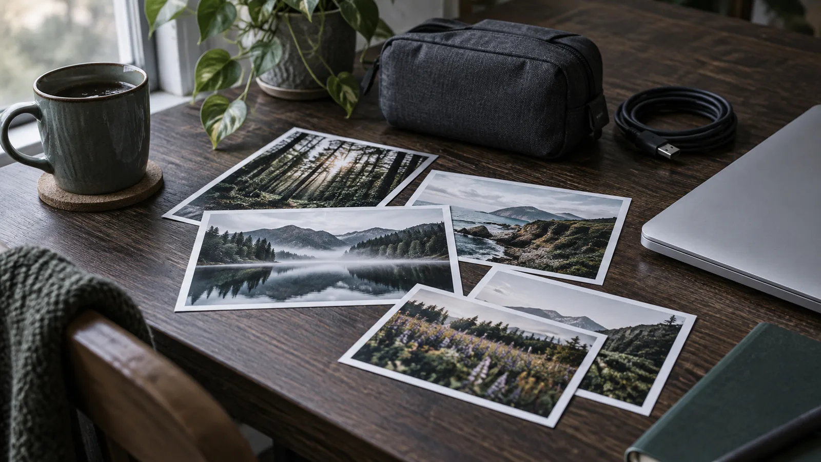 Landscape prints, a laptop and an equipment pouch on a desk.