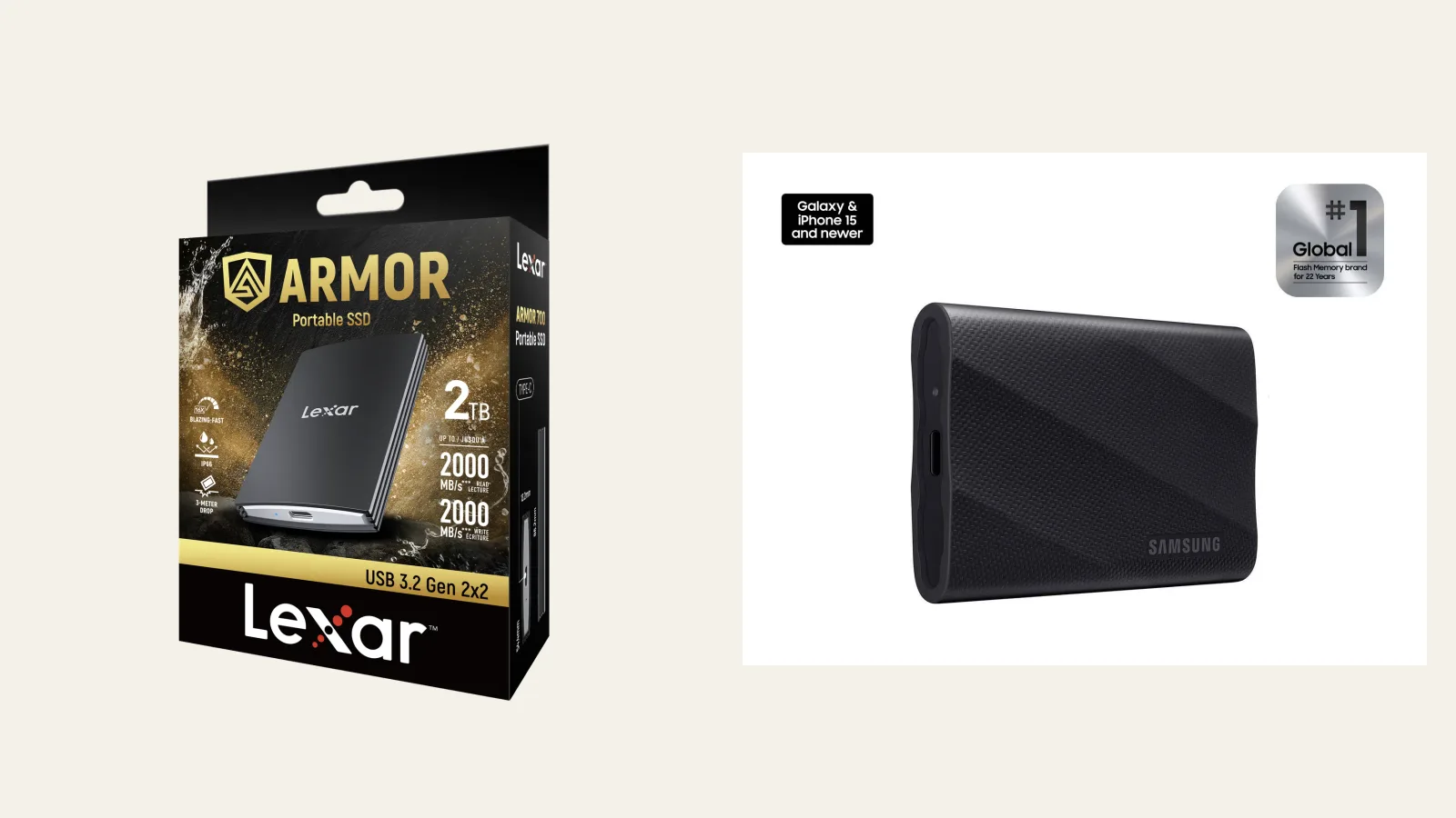 Lexar ARMOR 700 Portable SSD 2TB and Samsung T9 Portable SSD 2TB.